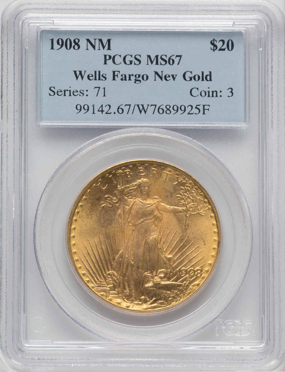 1908 NM $20 Wells Fargo Saint-Gaudens Double Eagle PCGS MS67