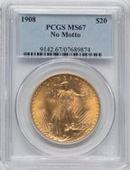 1908 $20 NO MOTTO Saint-Gaudens Double Eagle PCGS MS67