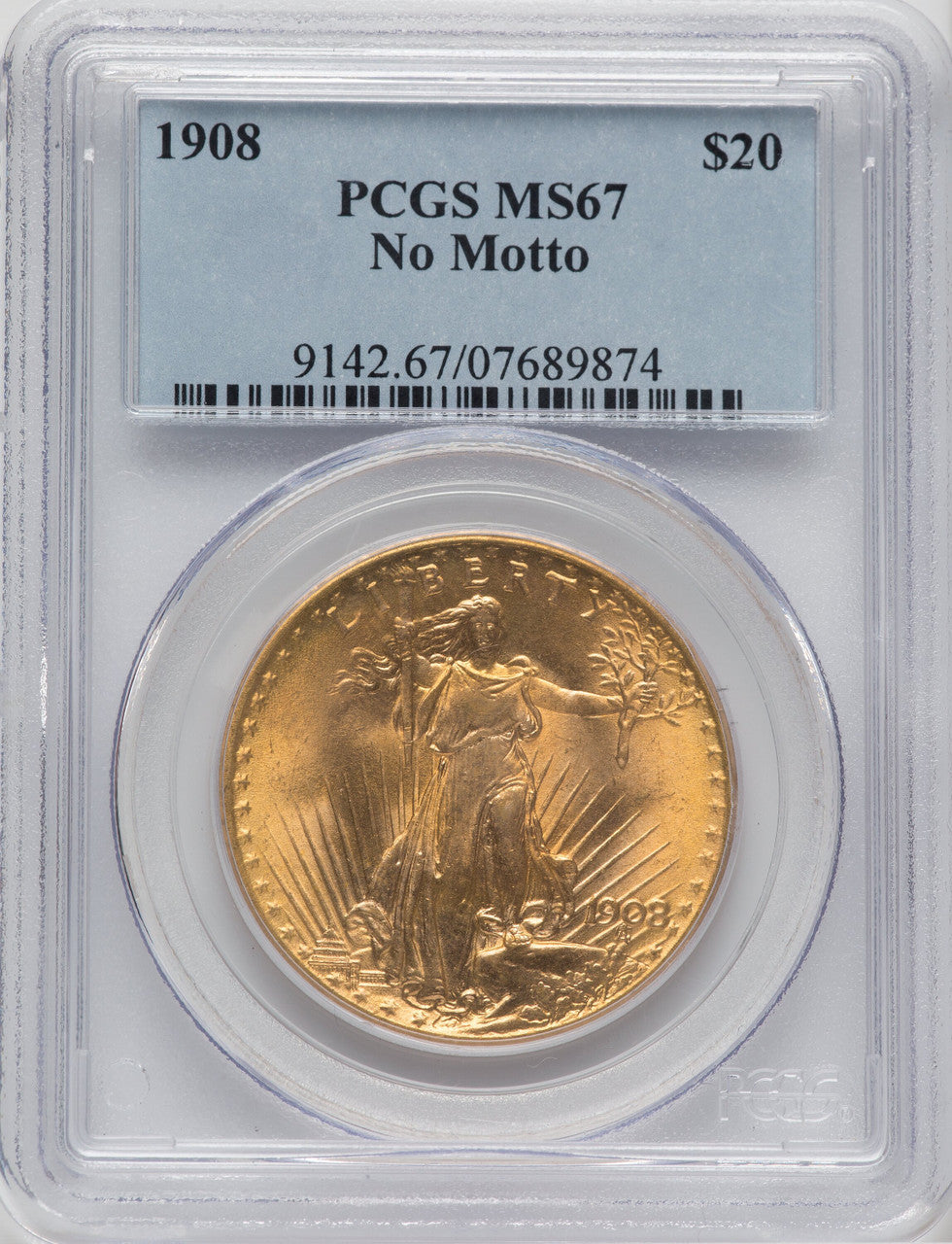 1908 $20 NO MOTTO Saint-Gaudens Double Eagle PCGS MS67