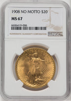 1908 $20 NO MOTTO Saint-Gaudens Double Eagle NGC MS67