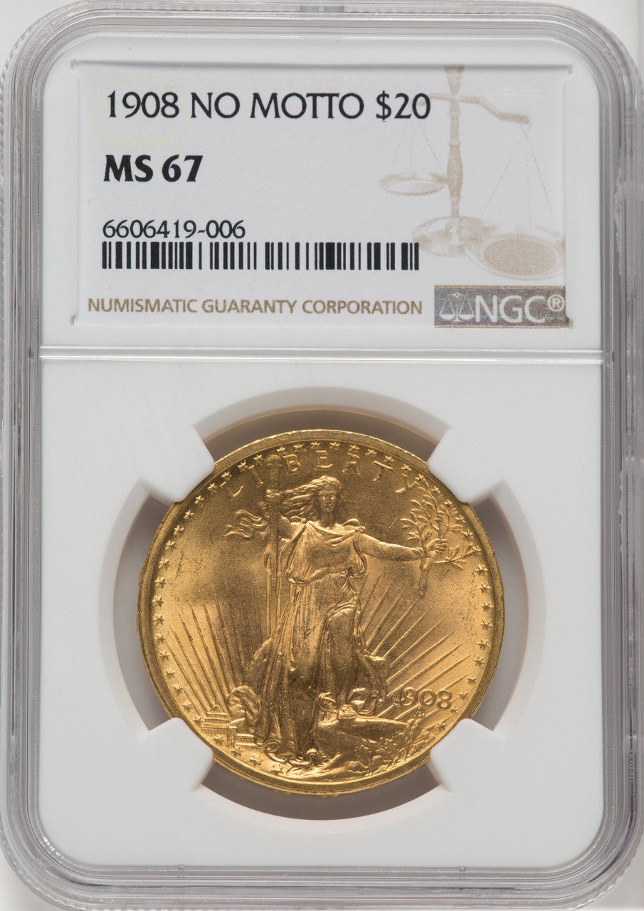 1908 $20 NO MOTTO Saint-Gaudens Double Eagle NGC MS67