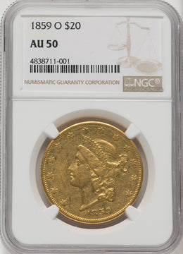 1859-O $20 Liberty Double Eagle NGC AU50
