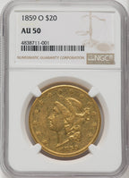 1859-O $20 Liberty Double Eagle NGC AU50