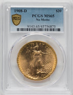 1908-D $20 NO MOTTO Saint-Gaudens Double Eagle PCGS MS65
