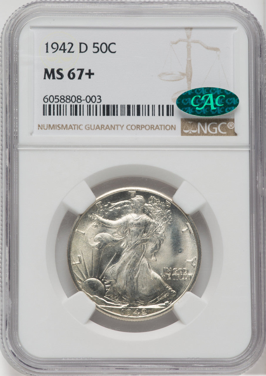 1942-D 50C CAC Walking Liberty Half Dollar NGC MS67+