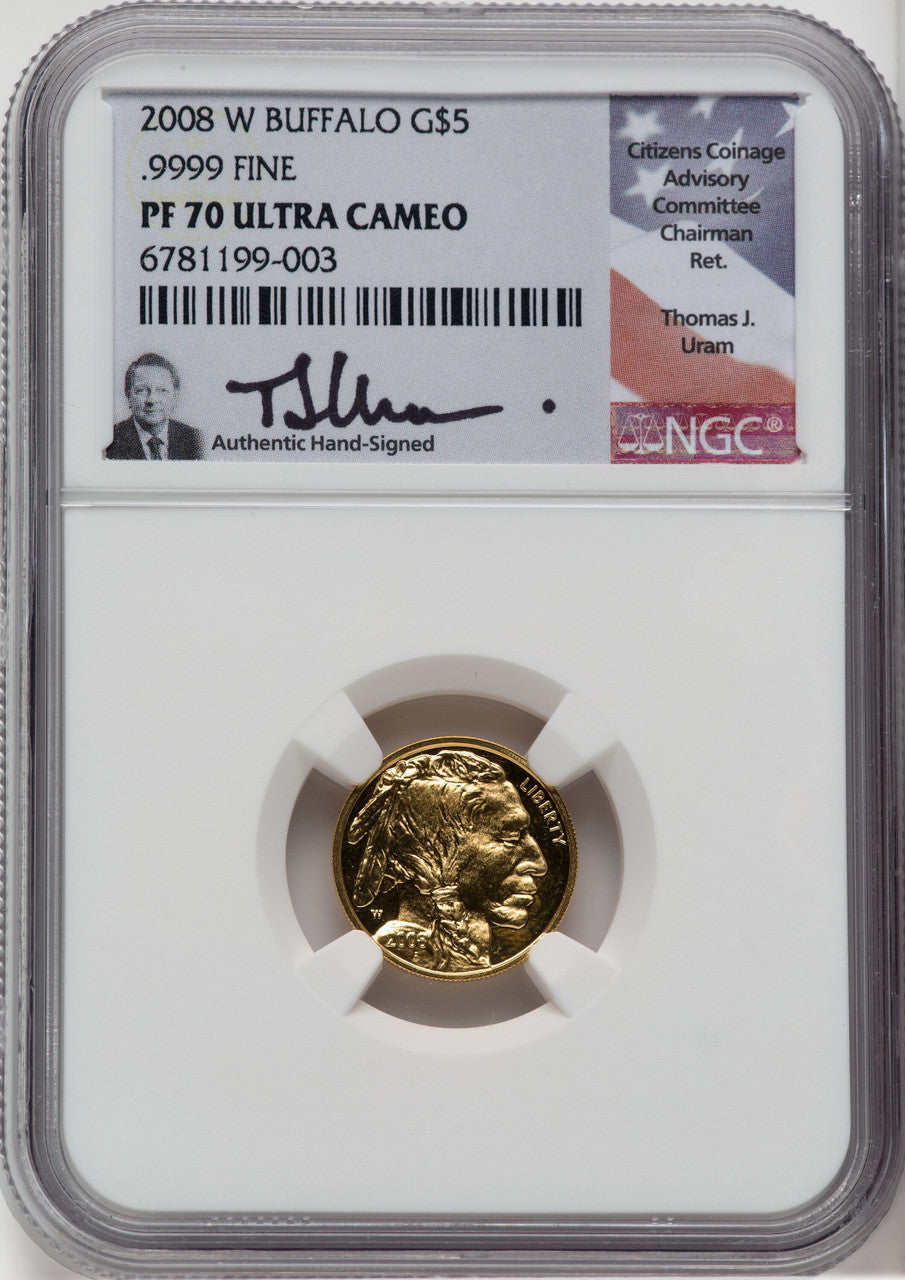 2008-W $5 Tenth-Ounce Gold Buffalo .9999 Fine Gold NGC PF70 Uram Signed