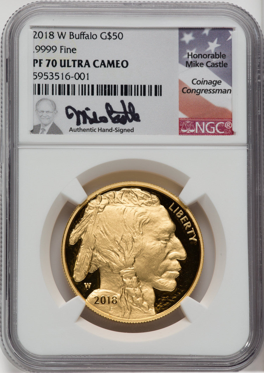 2018-W $50 One-Ounce Gold Buffalo Mike Castle Signature NGC PF70