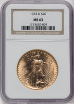 1923-D $20 Saint-Gaudens Double Eagle NGC MS63