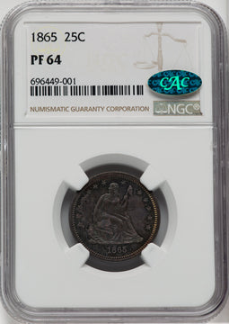 1865 25C CAC Proof Seated Quarter NGC PR64