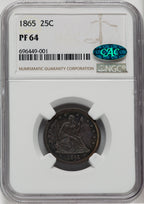 1865 25C CAC Proof Seated Quarter NGC PR64