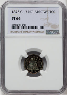 1873 No Arrows Closed 3 Proof Seated Dime NGC PR66