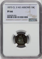 1873 No Arrows Closed 3 Proof Seated Dime NGC PR66