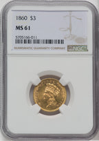1860 $3 Three Dollar Gold Pieces NGC MS61