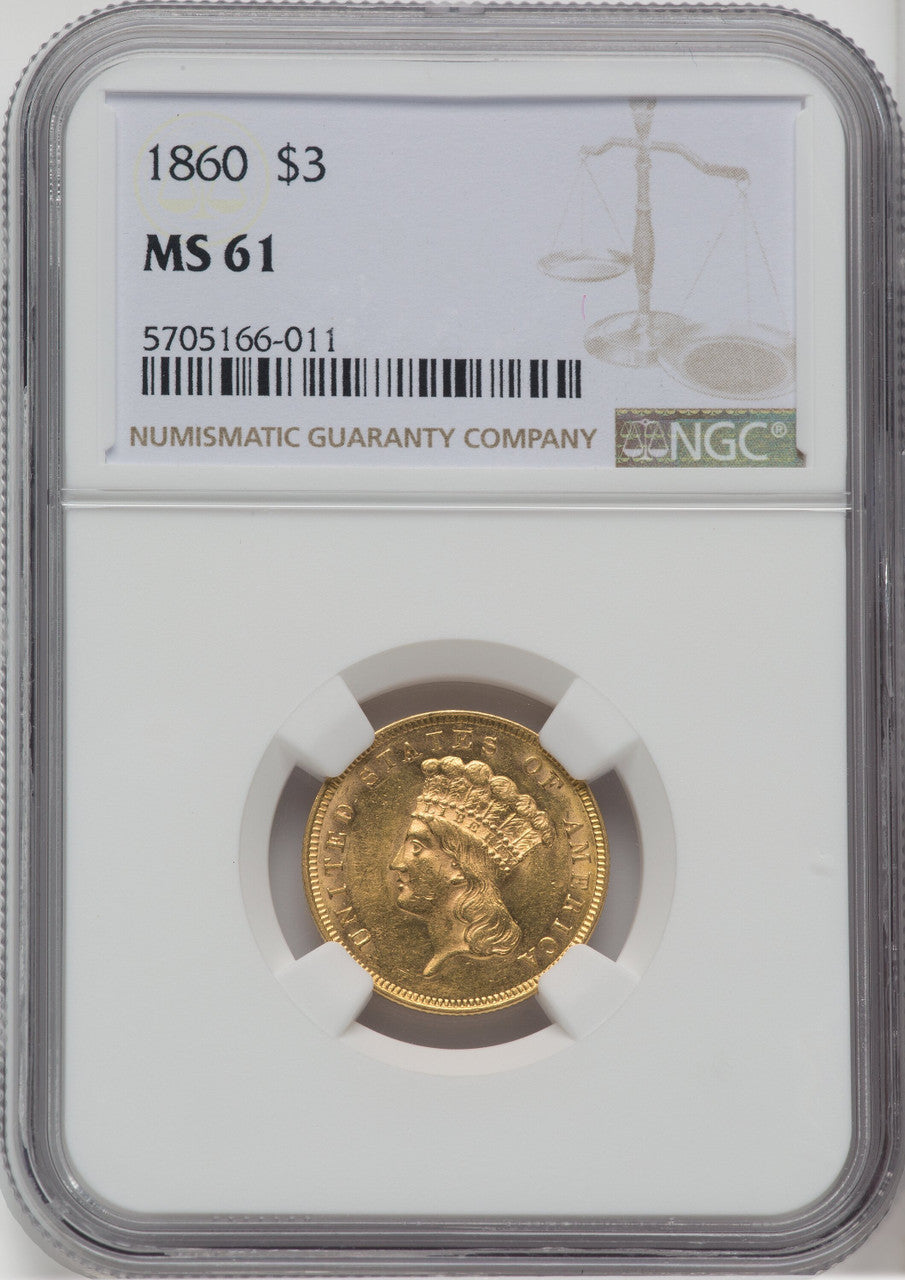 1860 $3 Three Dollar Gold Pieces NGC MS61