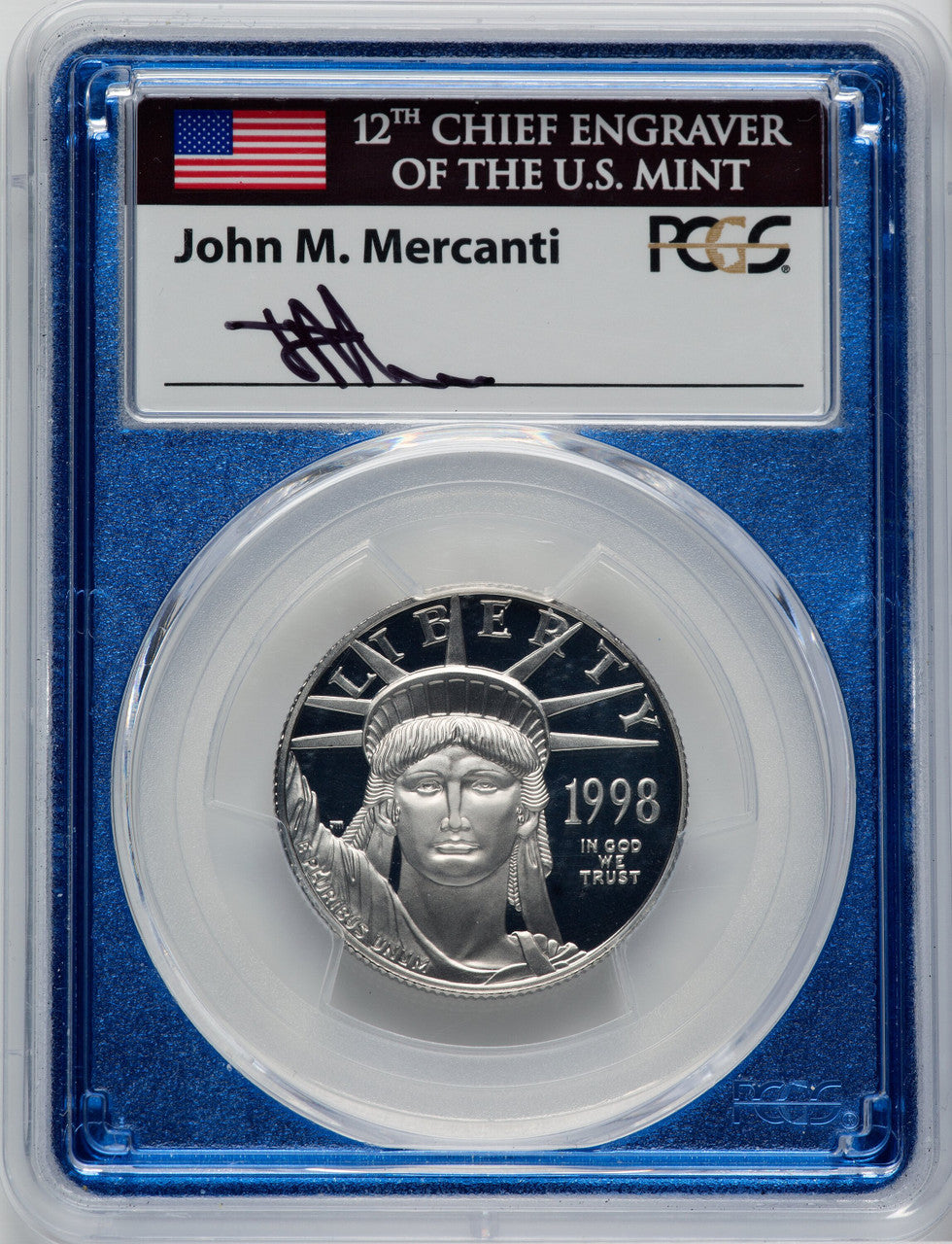 1998-W $50 Half-Ounce Platinum Eagle Statue of Liberty Mint Engravers Series Mercanti Flag PCGS PR70