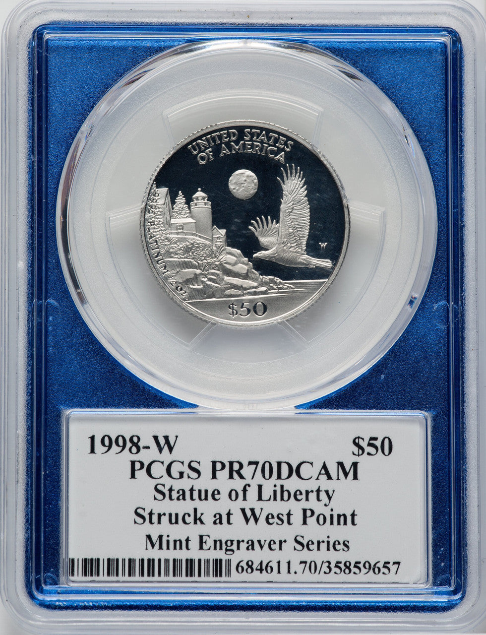 1998-W $50 Half-Ounce Platinum Eagle Statue of Liberty Mint Engravers Series Mercanti Flag PCGS PR70