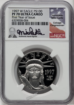 1997-W $100 One-Ounce Platinum Eagle Statue of Liberty Mike Castle Signature NGC PF70