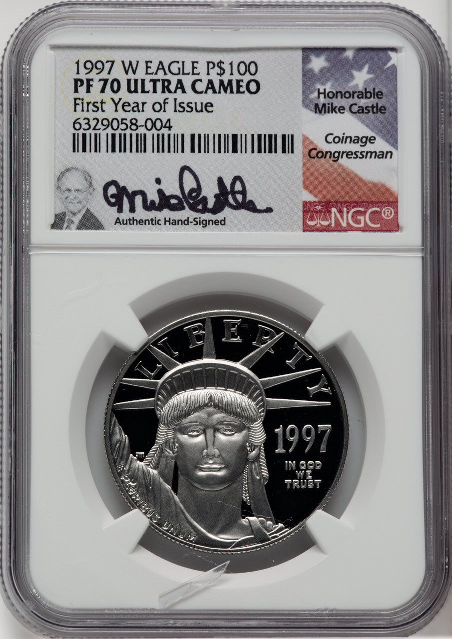 1997-W $100 One-Ounce Platinum Eagle Statue of Liberty Mike Castle Signature NGC PF70