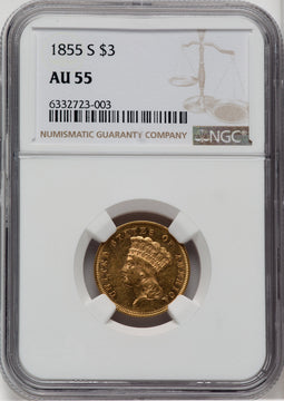 1855-S $3 Three Dollar Gold Pieces NGC AU55