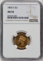 1855-S $3 Three Dollar Gold Pieces NGC AU55