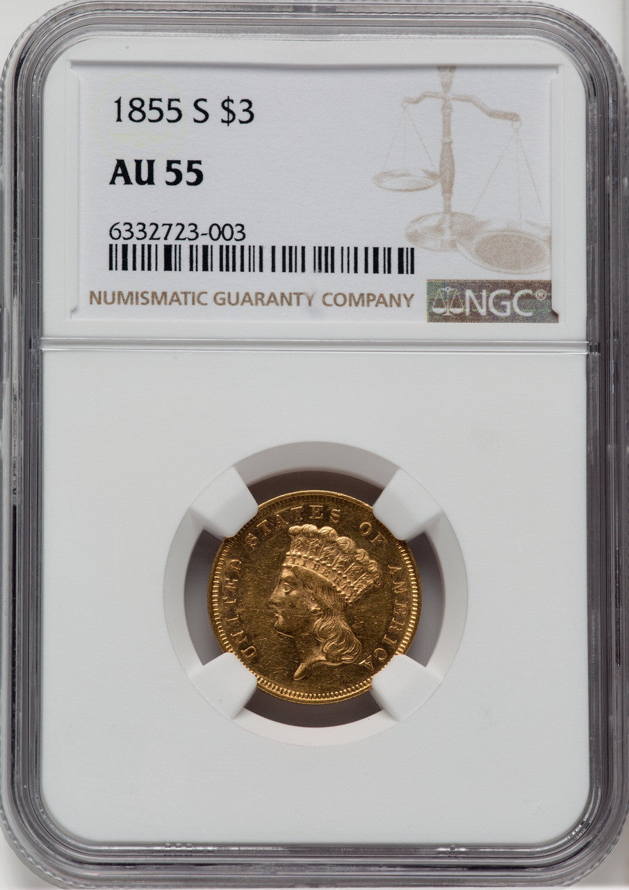 1855-S $3 Three Dollar Gold Pieces NGC AU55