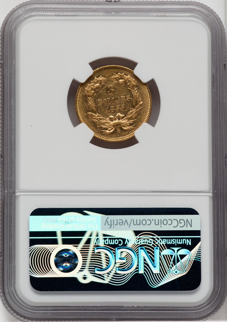 1855-S $3 Three Dollar Gold Pieces NGC AU55