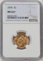 1878 $3 Three Dollar Gold Pieces NGC MS62+