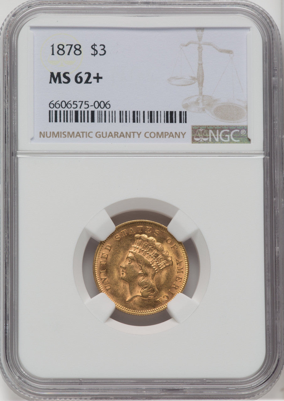 1878 $3 Three Dollar Gold Pieces NGC MS62+