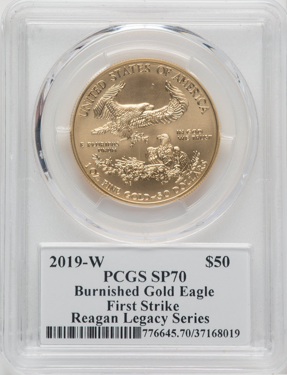 2019-W $50 Gold Eagle Burnished First Strike PCGS SP70 Michael Reagan Signed