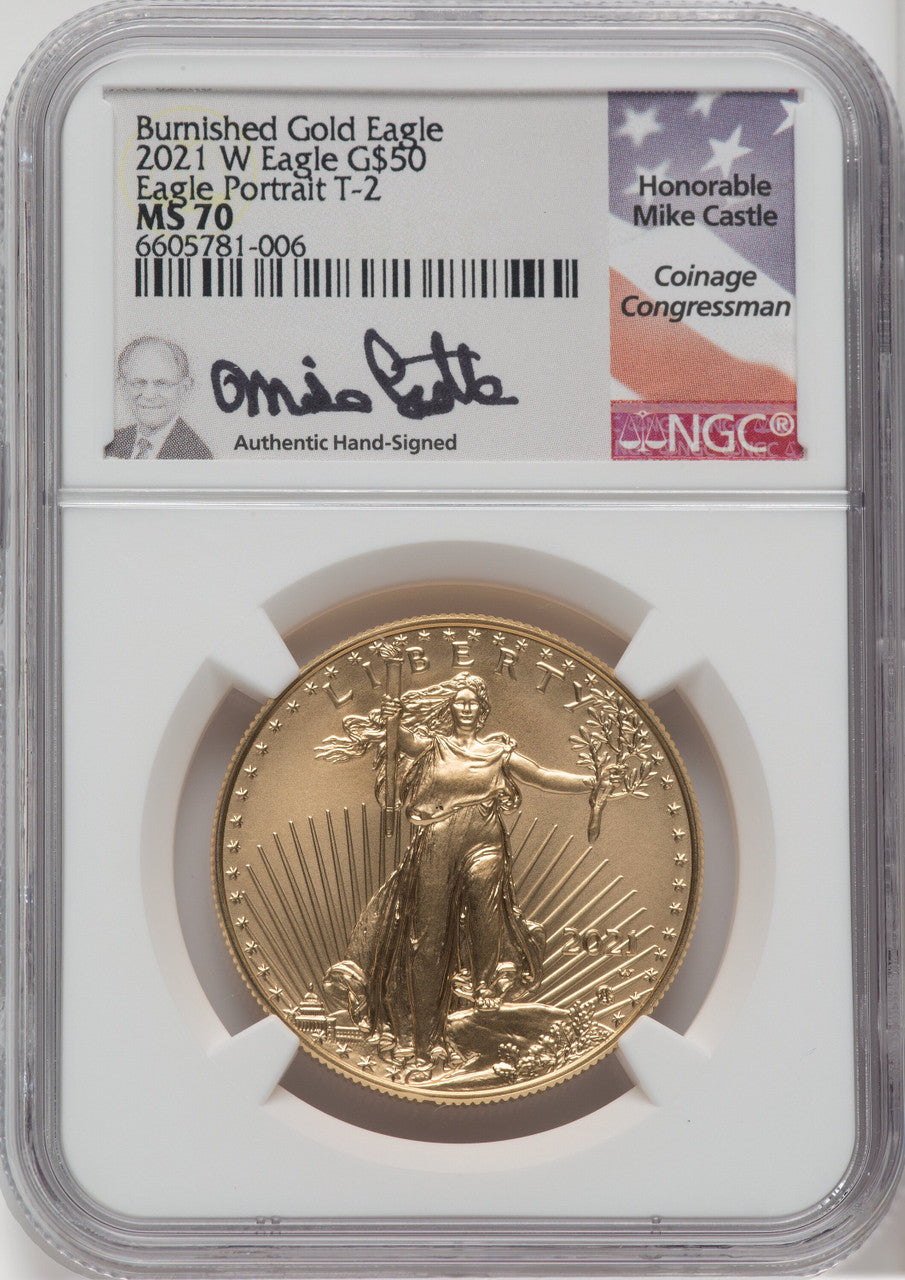 2021-W One-Ounce Gold Eagle Type Two Burnished Mike Castle Signature NGC MS70