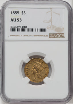 1855 $3 Three Dollar Gold Pieces NGC AU53