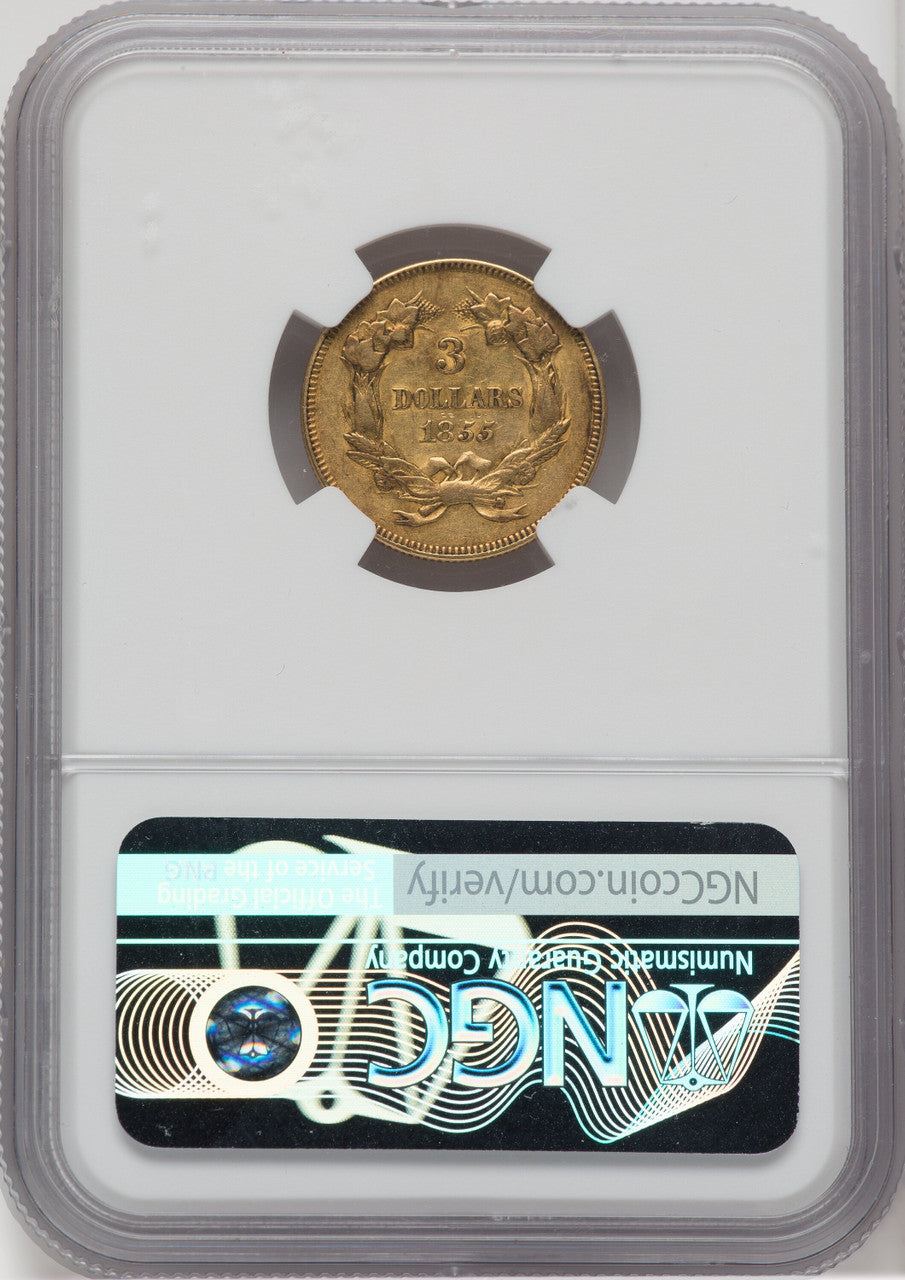 1855 $3 Three Dollar Gold Pieces NGC AU53