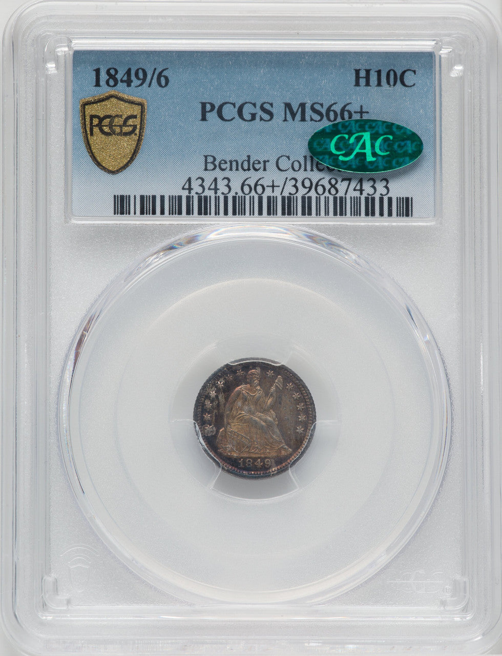 1849/8 H10C CAC Seated Half Dime PCGS MS66+
