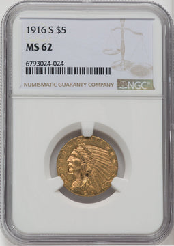 1916-S $5 Indian Half Eagle NGC MS62