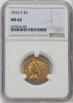 1916-S $5 Indian Half Eagle NGC MS62