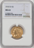 1910-D $5 Indian Half Eagle NGC MS63