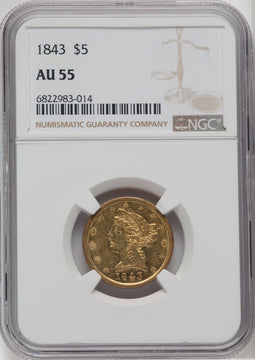 1843 $5 Liberty Half Eagle NGC AU55