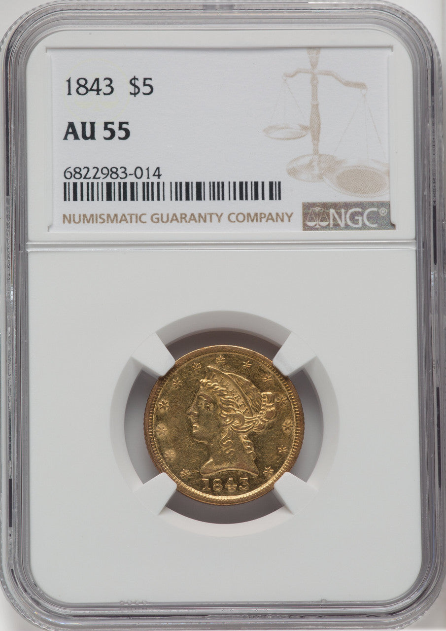 1843 $5 Liberty Half Eagle NGC AU55
