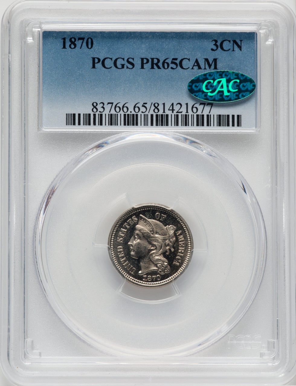 1870 3CN CA CAC Proof Three Cent Nickel PCGS PR65