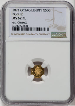 1871 50C BG-912 PL California Fractional Gold NGC MS62