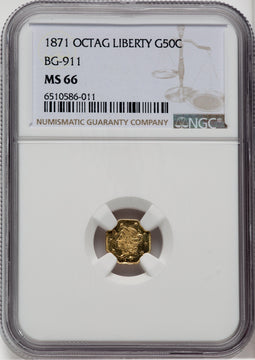 1871 Liberty Octagonal 50 Cents BG-911 R.4 California Fractional Gold NGC MS66