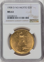 1908-D $20 NO MOTTO Saint-Gaudens Double Eagle NGC MS61
