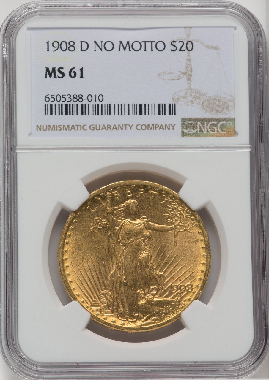 1908-D $20 NO MOTTO Saint-Gaudens Double Eagle NGC MS61