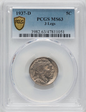 1937-D 5C Three-Legged Buffalo Nickel PCGS MS63