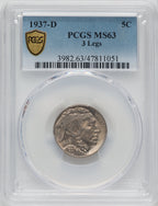 1937-D 5C Three-Legged Buffalo Nickel PCGS MS63