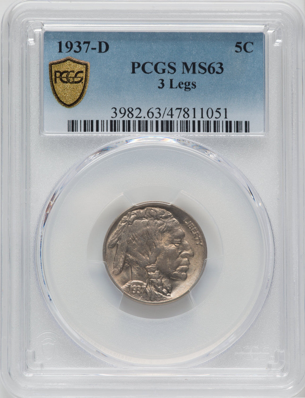 1937-D 5C Three-Legged Buffalo Nickel PCGS MS63
