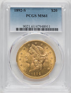 1892-S $20 Liberty Double Eagle PCGS MS61