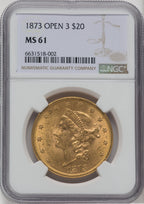 1873 $20 OPEN 3 Liberty Double Eagle NGC MS61 (762081026)