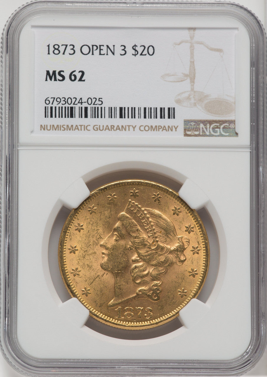 1873 $20 OPEN 3 Liberty Double Eagle NGC MS62