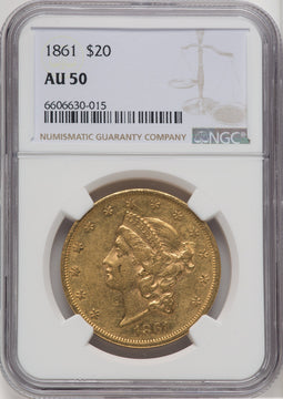 1861 $20 Liberty Double Eagle NGC AU50